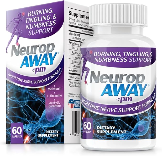 NeuropAWAY Nerve Support PM, with R-Alpha Lipoic Acid to Help Provide Nerve Relief in as Little as 5 Days, Acetyl-L-Carnitine, Theanine, Melatonin, and Methylcobalamin, 60 Capsules