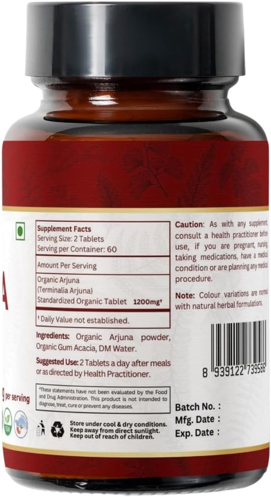 Arjuna 120 Tablets – USDA Organic Terminalia Arjuna Supplement – Supports Heart & Cardiovascular Health* - Pack of 3