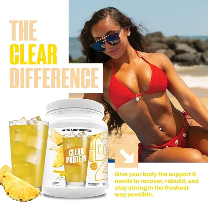 NutraBio Clear Protein Powder, Pineapple Splash - 20 Servings, 20g Clear Whey Protein Isolate, 0 Sugar, 0g Lactose, Refreshing Fruit Flavors, GLP1 Support - Bone Health - Muscle Post Workout Recovery