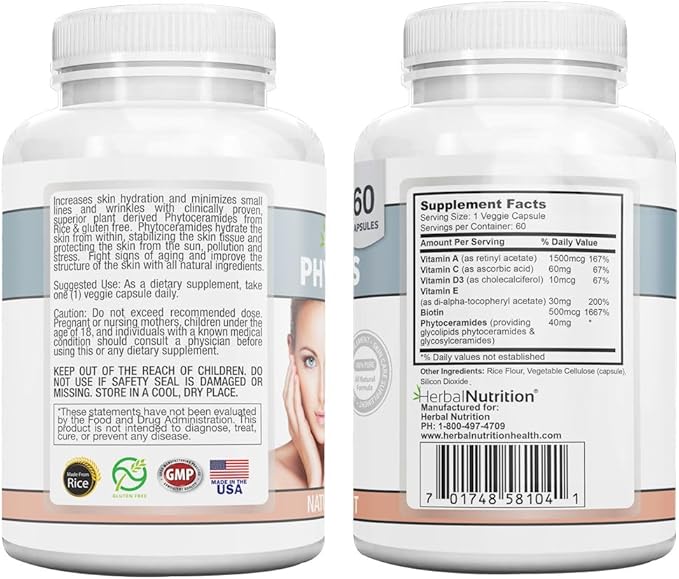 Phytoceramides Rice Based with Biotin Anti Aging Supplement, Wrinkle Remover and Facial Moisturizing with Phytoceramides Vitamin A, C, D and E, Two Bottle Pack, 120 Capsules 40mg, Gluten Free