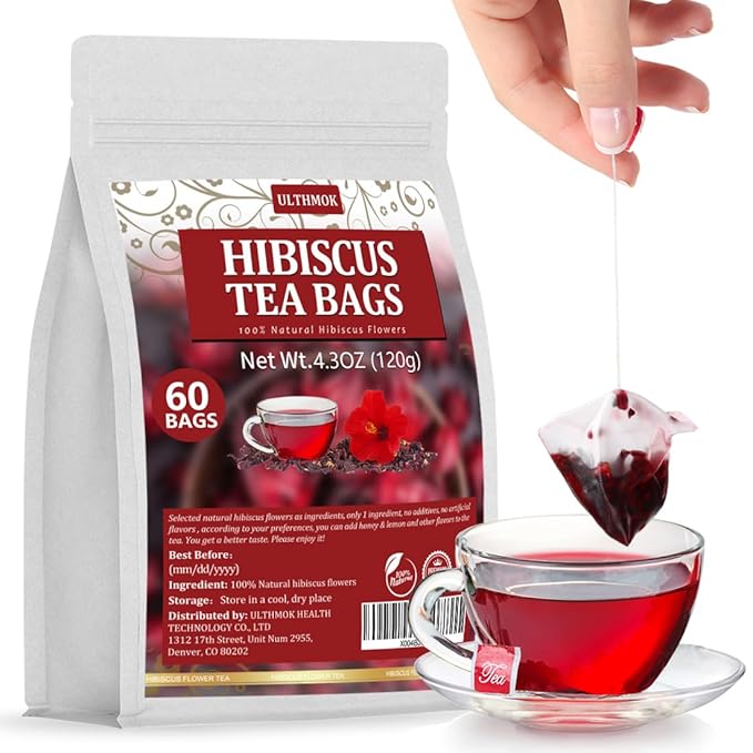 Premium Hibiscus Tea Bags,60 Tea Bags 2g /4.24 Oz,100% Pure Dried Hibiscus Flower,Natural & No Additives,Caffeine Free.