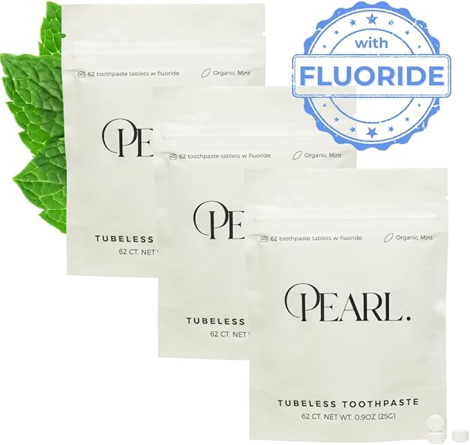 Pearl Fluoride Mint Toothpaste Tablets | Natural Whitening | Sensitivity Relief | Dentist Developed | TSA Approved | Plastic-Free | Reusable Packaging | 186 Tablets | 3 Refill Pouches