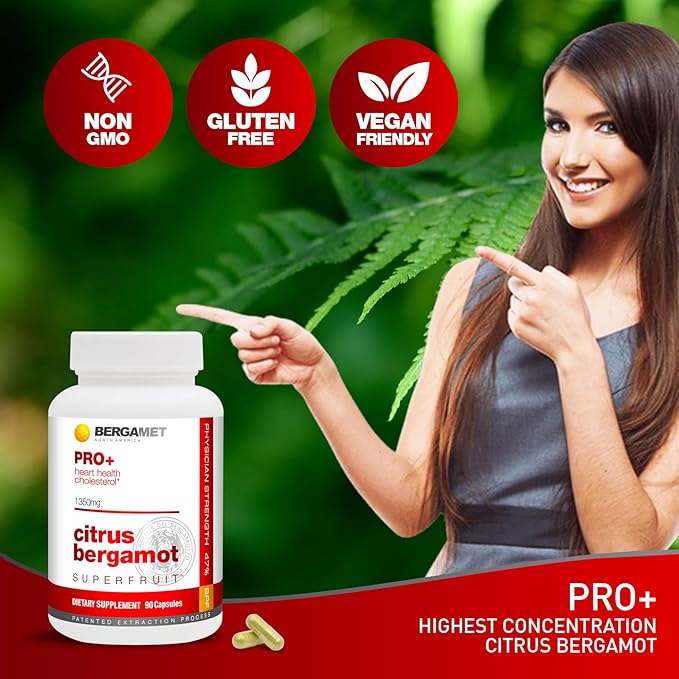 BergaMet Citrus Bergamot SuperFruit PRO+ Supplement, 200:1 Extract, 1350mg, 80% Polyphenols, Olive Leaf Extract, 47% BPF, World's Strongest, 90 Capsules, Backed by Clinical Studies, Made in The USA