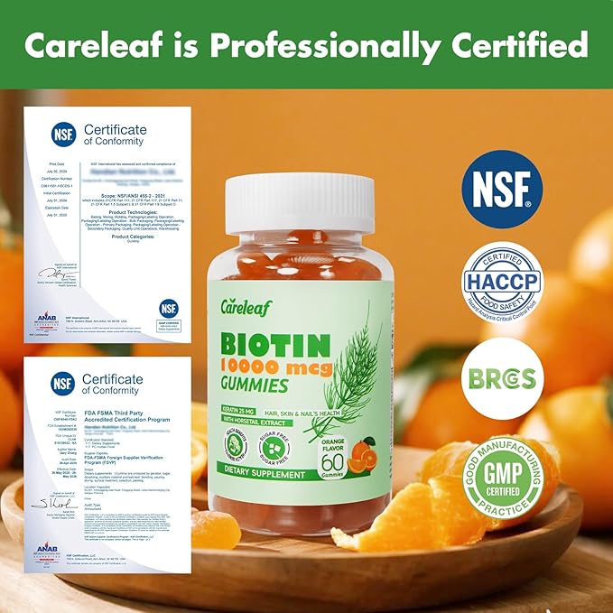 Sugar Free Biotin Gummy Hair, Nails & Skins Gummies-2500mcg Enhanced Hair, Skin & Nails Supplement Orange Flavor 60 Cts/Bottle