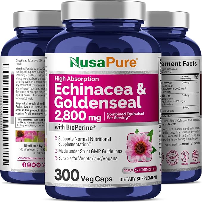 NusaPure Echinacea Goldenseal 200mg, (Extract 10:1, Equivalent to 2,000mg), 200mg, (Extract 4:1, Equivalent to 800mg) - 2800mg 300 Veggie Caps (Vegetarian, Non-GMO, Vegan)