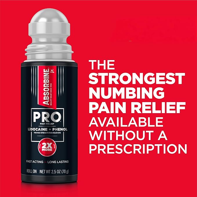 ABSORBINE JR. Pro Maximum-Strength Lidocaine Roll-On for Fast Nerve & Muscle Pain Relief - Non-Greasy, Long-Lasting Formula for Arthritis, Aches, Strains, & More - 2.5 oz - Pack of 1