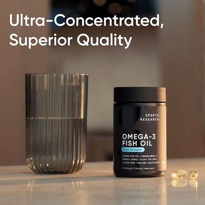 Sports Research Triple Strength Omega 3 Fish Oil - Burpless Fish Oil Supplement w/EPA & DHA Fatty Acids from Single-Source Wild Alaskan Pollock - 1250 mg, 180 ct