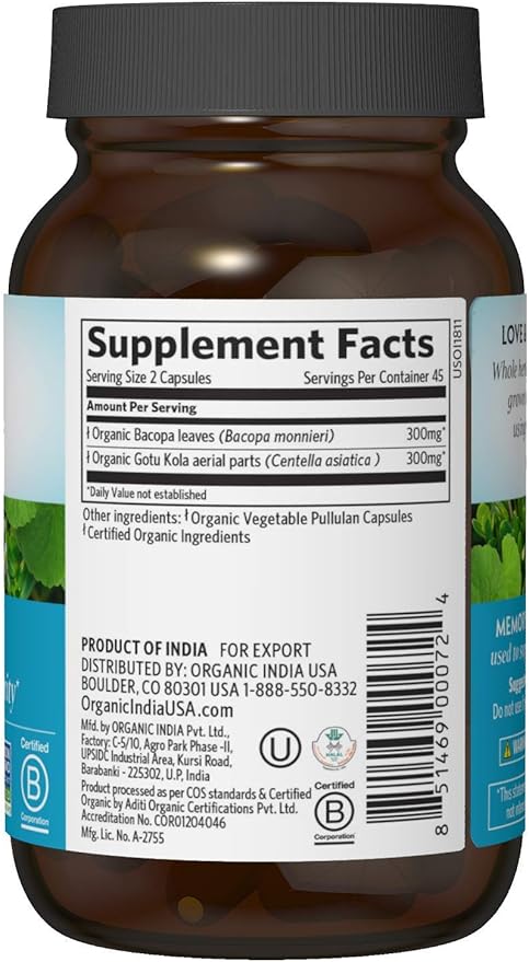 ORGANIC INDIA Memory Herbal Supplement - Brain Supplement for Memory and Focus, Bacopa Monnieri & Gotu Kola Brain Herbal Supplement, Memory Support - USDA Certified Organic, Non-GMO - 90 Capsules