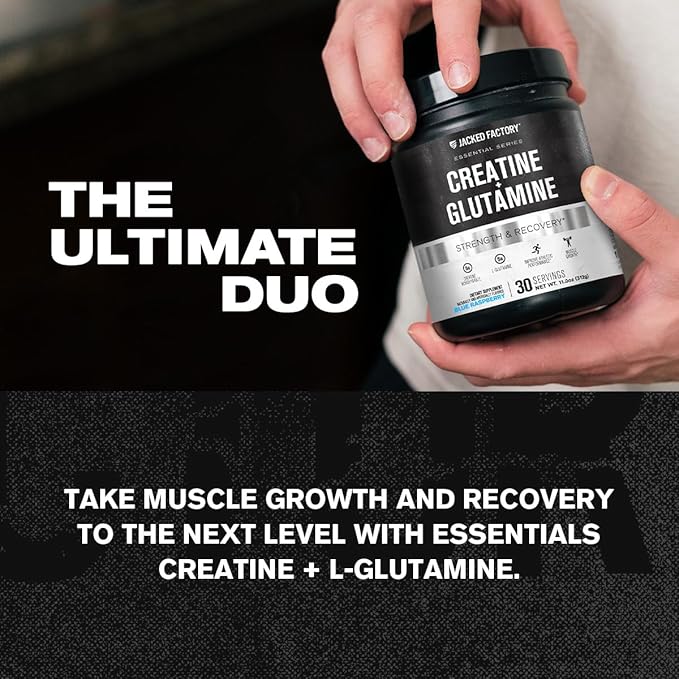 Jacked Factory Creatine + Glutamine - Creatine Supplement with L-Glutamine for Muscle Recovery, Muscle Growth, Increased Strength, Enhanced Energy Output, and Gut Health - 30 Servings, Blue Raspberry