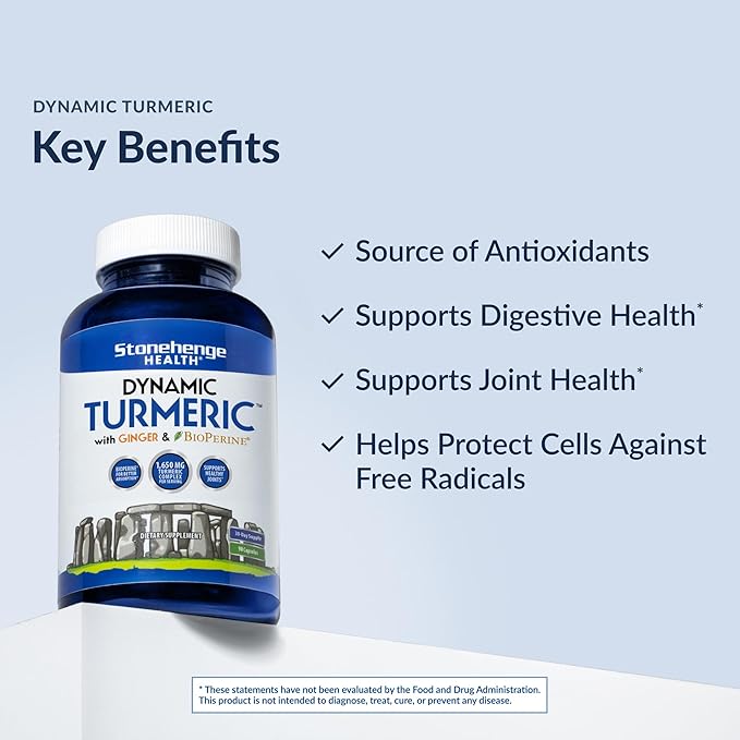 Stonehenge Health Dynamic Turmeric Curcumin with Ginger - High Potency - 1,650 mg Turmeric with 95% Curcuminoids & BioPerine, 90 Vegetarian Capsules