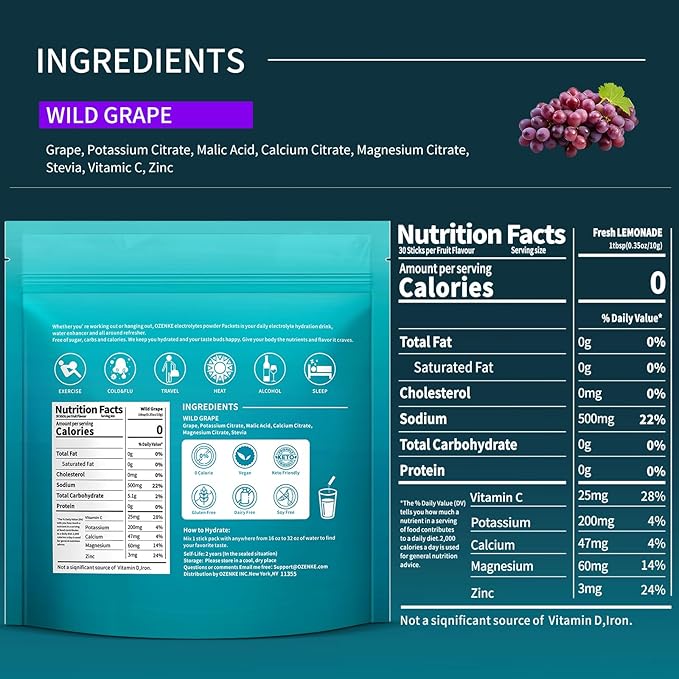 Electrolytes Powder Packets, 30 Sticks Hydration Packets Sugar Free, Electrolyte Drink Mix Portable Electrolyte Packets for Rapid Hydration, 0 Sugar & 0 Calorie, Grape Flavor