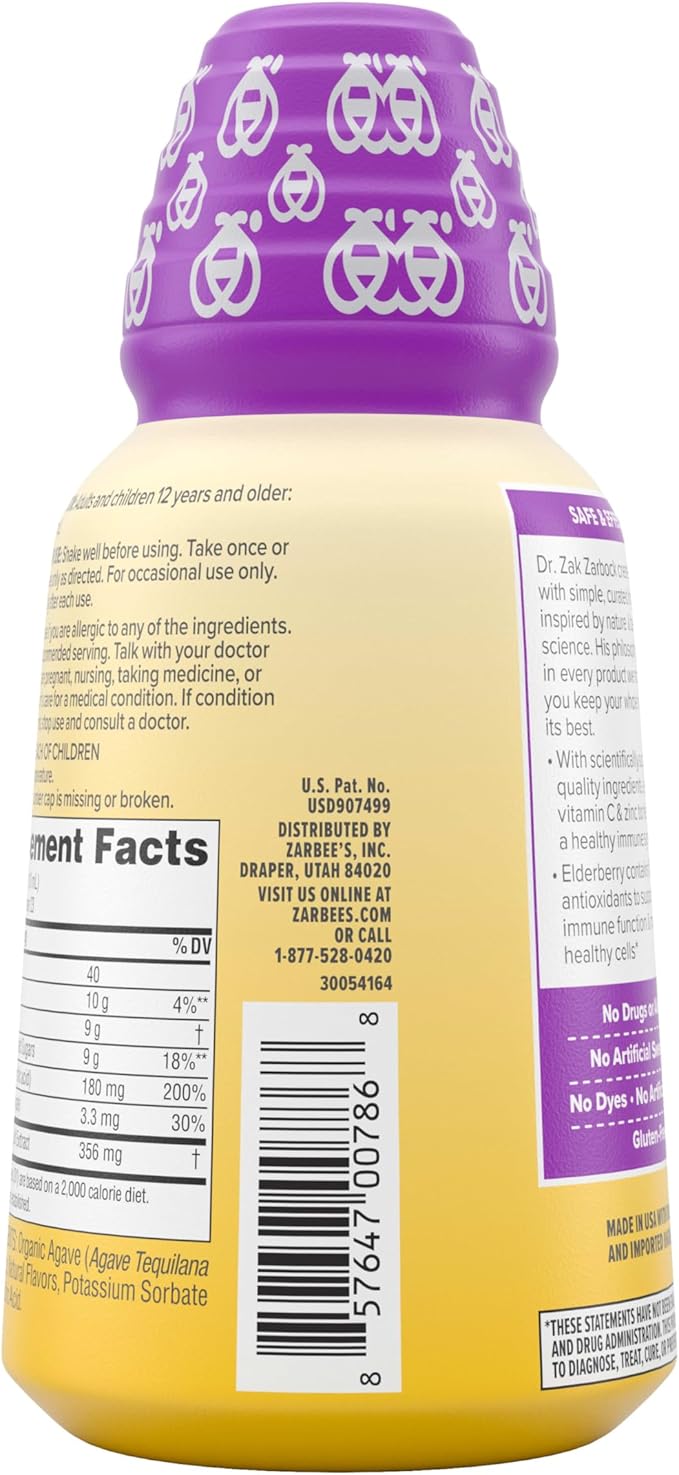 Zarbee''s Liquid Daily Immune Support, High Concentrate Liquid, with Real Elderberry Vitamin C & Zinc, Black Elderberry Flavor, For Daytime Use, 8 Fl Oz, brand is Zarbee''s