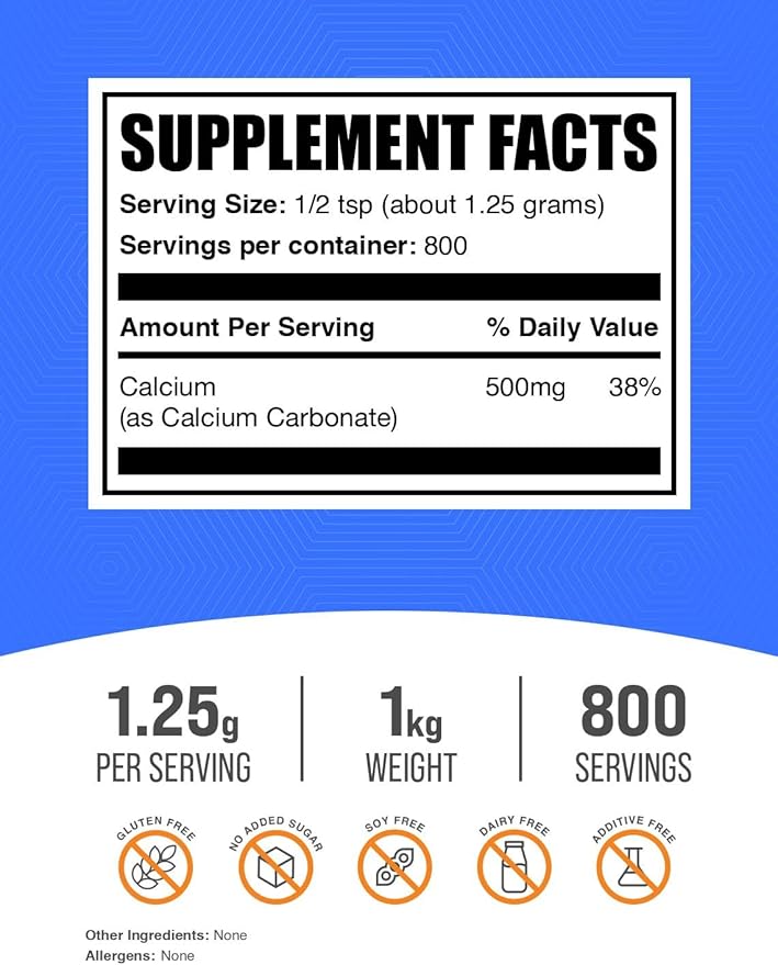 BulkSupplements.com Calcium Carbonate Powder - Calcium Carbonate Food Grade, High Absorption - Gluten Free, 1.25g per Serving, 1kg (2.2 lbs) (Pack of 1)