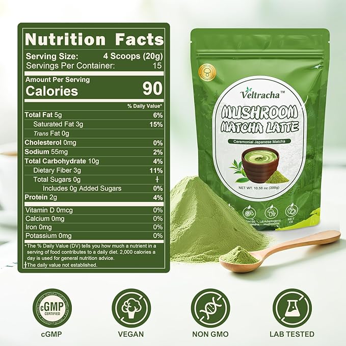 Veltracha Mushroom Matcha Latte, Ceremonial Grade Matcha with Blue Spirulina & Ashwagandha, Adaptogenic Mushrooms Matcha Powder for Focus, Energy, Gut Health & Immunity, 10.58oz