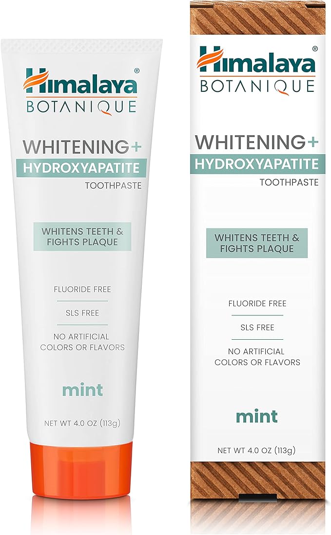 Himalaya Botanique Whitening + Hydroxyapatite Toothpaste for Whiter Teeth & Fresher Breath, Fights Plaque with Hydroxyapatite Support & Mint Flavor, Fluoride Free, SLS Free, & Vegan, 4.0 oz, 4 Pack