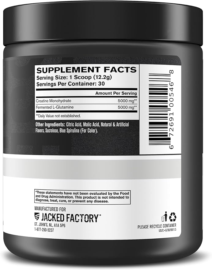 Jacked Factory Creatine + Glutamine - Creatine Supplement with L-Glutamine for Muscle Recovery, Muscle Growth, Increased Strength, Enhanced Energy Output, and Gut Health - 30 Servings, Blue Raspberry