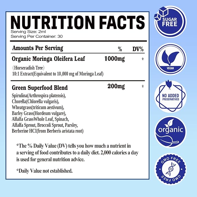 Organic Moringa Oleifera Leaf Liquid Drops, 100% Antioxidant Green Superfood Blend of Barley Grass, Wheatgrass for Energy Immune, 6X Absorption Stronger Than Moringa Capsules Powder Oil