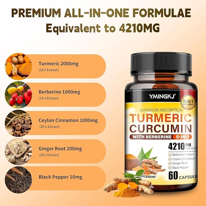 Turmeric Curcumin Supplement with Black Pepper & Bioactive Botanicals, Turmeric,Ginger,Berberine,Ceylon Cinnamon, – Premium Organic Supplement for Daily Wellness Support 60 Capsules 3 Pack