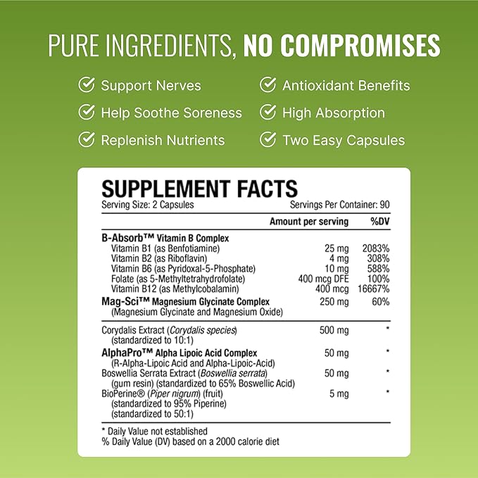 Approved Science Nervprin - Nerve Support - Benfotiamine, B12, R-Alpha-Lipoic Acid, Corydalis, Boswellia, BioPerine - 180 Capsules - Made in The USA