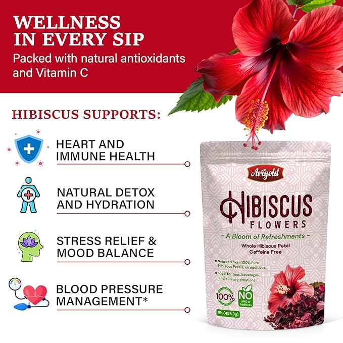 Arigold Pure Whole Petals Hibiscus Tea 1lb β Organic Dried Hibiscus Flowers,Flor de Jamaica, Hibiscus Sabdariffa, Bissap, Sorrel, hibiscus tea loose leaf Herbal Tea for Agua Fresca, Cocktails, Iced Tea & Hot Tea | Caffeine-Free & Rich in Antioxidants.