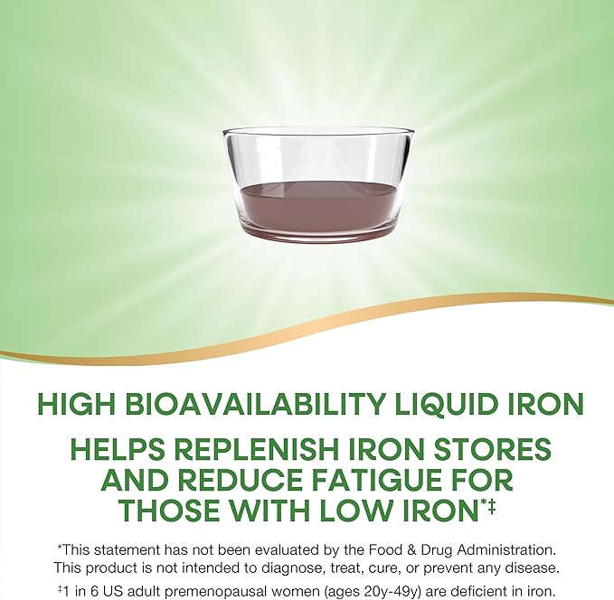 Nature's Way Liquid Iron, 100% Daily Value, 18 mg Iron as Ferric Glycinate per Serving, No Sugar Added, Berry Flavored, 16 Fl Oz (Packaging May Vary)