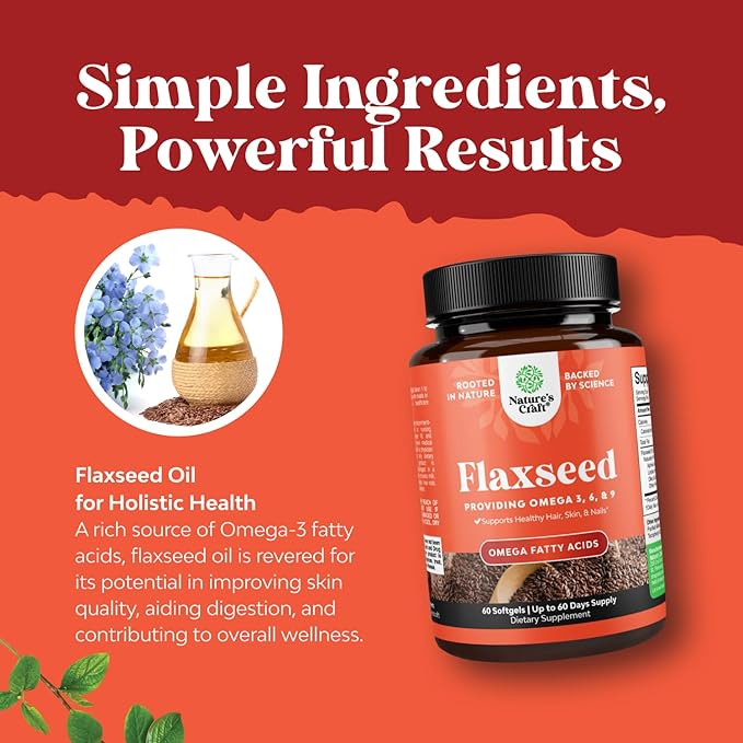 Flaxseed Oil 1000mg Softgels - High Potency Flax Seed Oil Softgels for Heart Health Digestion and Brain Support - Cold Pressed Organic Flaxseed Providing Plant Based Omega 3 6 9