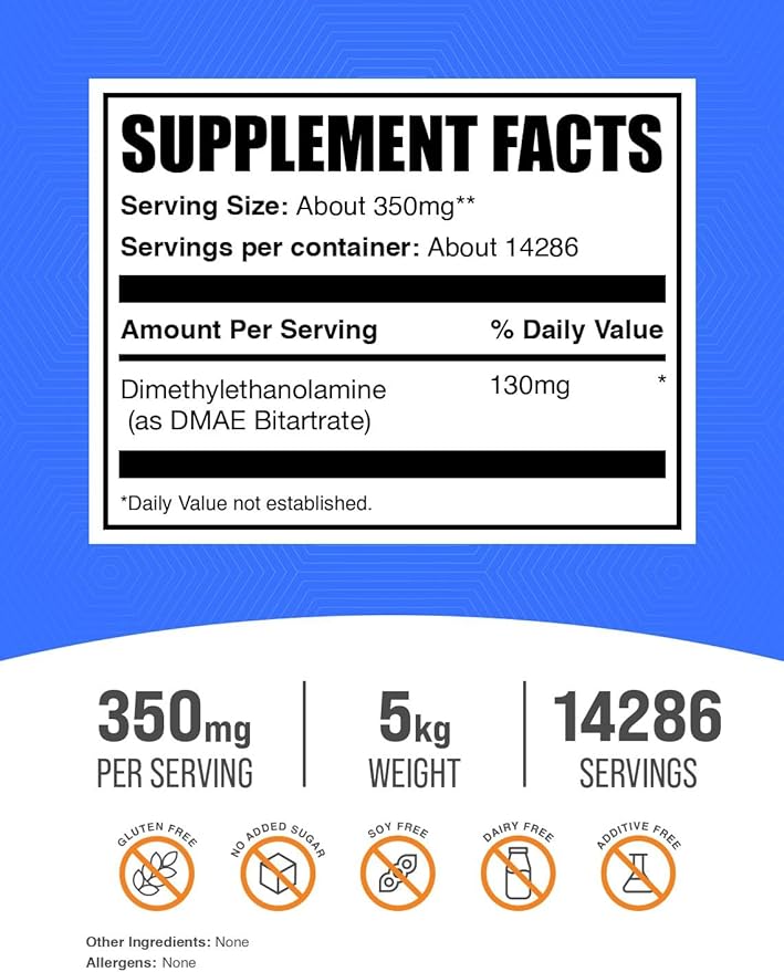 BulkSupplements.com DMAE Bitartrate Powder - Dimethylaminoethanol Bitartrate, DMAE Supplement - Unflavored & Gluten Free, 350mg per Serving, 1kg (2.2 lbs) (Pack of 5)