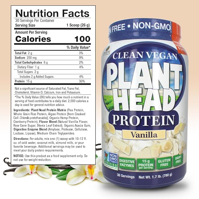 Plant Head Protein Powder Supplement, Vanilla, 1.7-Pounds (lbs)
