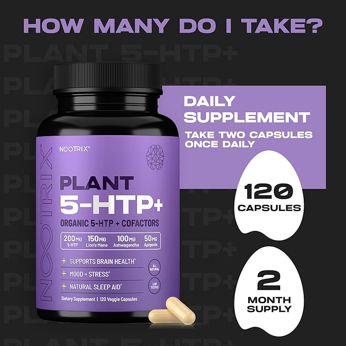 Organic Plant 5 HTP+ Supplement | Supports Memory, Mental Focus, Cognitive Health & Energy | Promotes Healthy Mood & Brain Function | Vitamin B6 & L Theanine | 120 Capsules