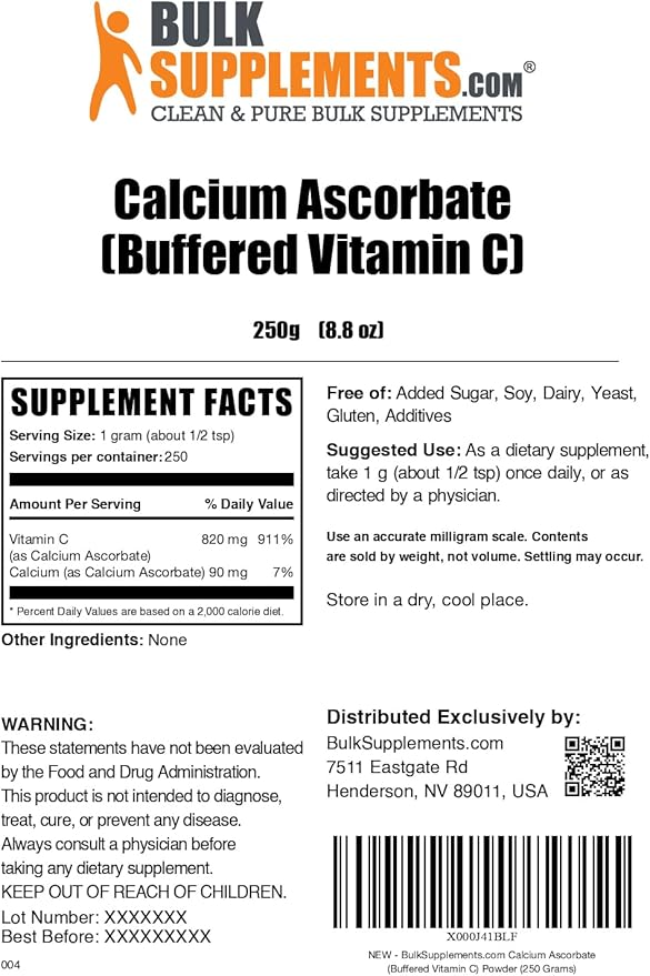 BulkSupplements.com Calcium Ascorbate Powder - Buffered Vitamin C, Calcium Supplement with Vitamin C - Gluten Free, 1g per Serving, 250g (8.8 oz) (Pack of 1)