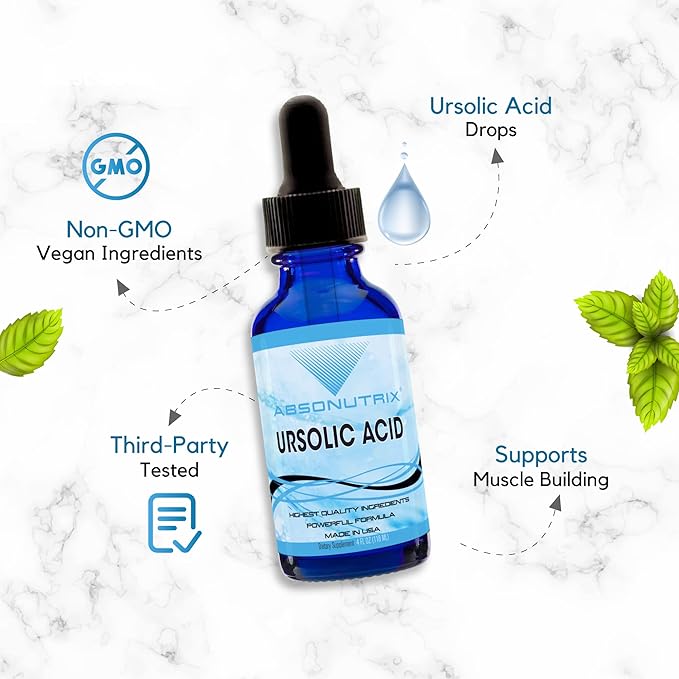 Absonutrix Ursolic Acid 590mg, 4 Fl Oz Bottle, 200 Highly Potent Servings, High Bioavailability, Quick Absorption, Third-Party Tested, GMP-Certified, Non-GMO, Cruelty-Free Products, Made in USA