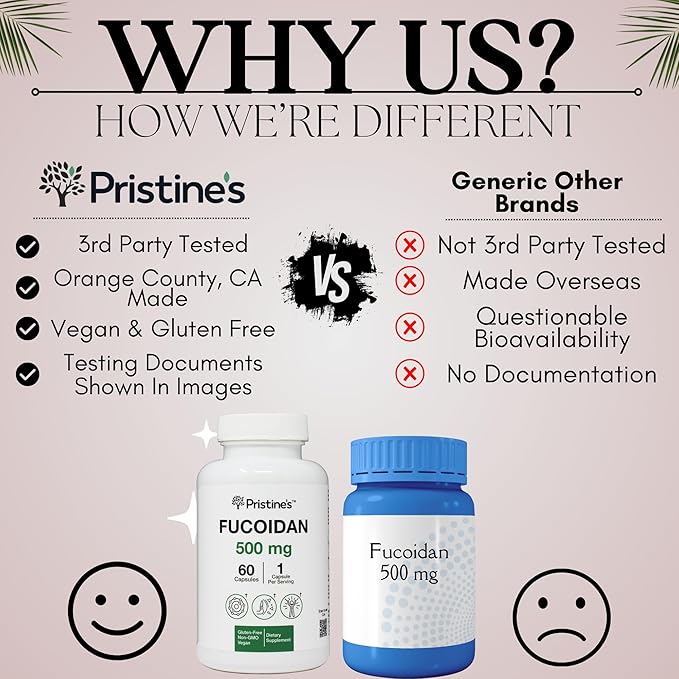 PRISTINE'S Fucoidan 500MG Immunity Supplement Capsules - 60 Day Supply - Brown Seaweed Extract - Potent Herbal Antioxidant Lung Health & Skin Health Support