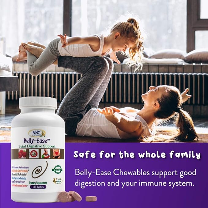 NWC Naturals Belly-Ease Healthy Digestive Enzymes Plus Prebiotics & Probiotics, Essential Enzymes, Vegetarian, Better Digestion, Full Spectrum Digestive Solution - 180 Count Chewable Tablets