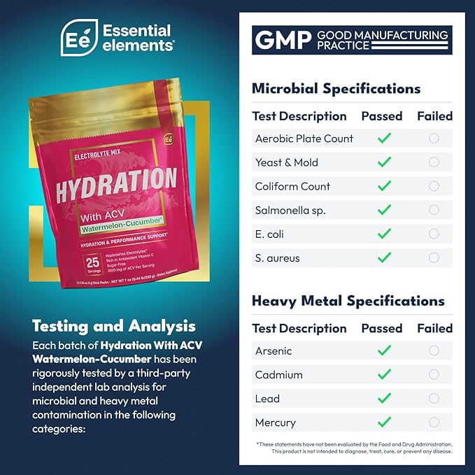 Essential Elements Hydration Packets - Watermelon Cucumber Pack - Sugar Free Electrolytes Powder Packets - 50 Stick Packs of Electrolytes Powder No Sugar - Hydration Drink - with ACV & Vitamin C