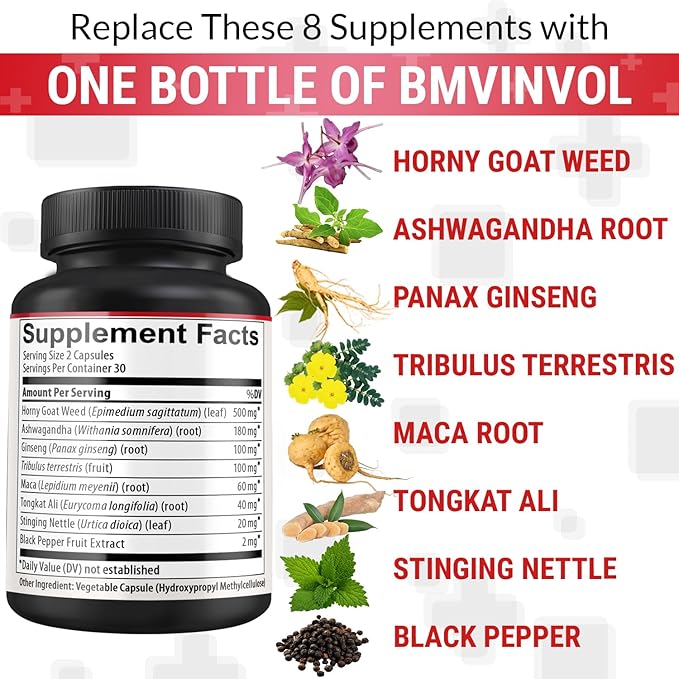 BMVINVOL Horny Goat Weed Capsules with Panax Ginseng, Tribulus, Ashwagandha, Maca, Tongkat Ali, Nettle, Black Pepper - 60 Capsules