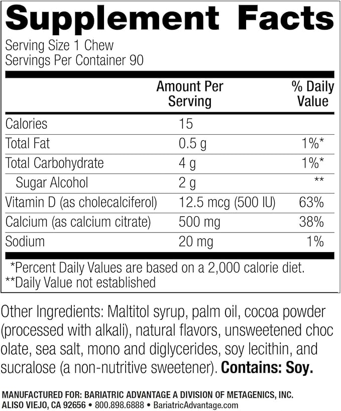 Bariatric Advantage Calcium Citrate Chewy Bites 500 mg - Highly Absorbable & Digestible - Vitamin D3 - Easily Chewable Calcium Supplement - Chocolate Flavor - 90 Count