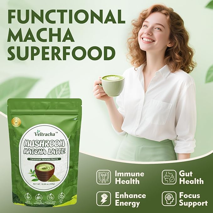 Veltracha Mushroom Matcha Latte, Ceremonial Grade Matcha with Blue Spirulina & Ashwagandha, Adaptogenic Mushrooms Matcha Powder for Focus, Energy, Gut Health & Immunity, 10.58oz