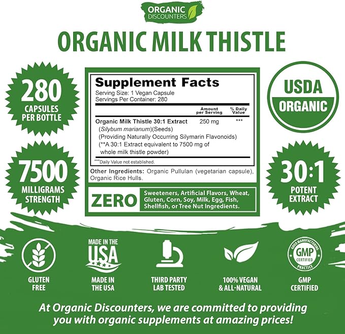 Organic Discounters Milk Thistle Capsules, 280 Count, 7500 mg Strength, Potent 30:1 Extract, USDA Certified Organic, Rich in Silymarin Flavonoids, Vegan, Non-GMO and All-Natural
