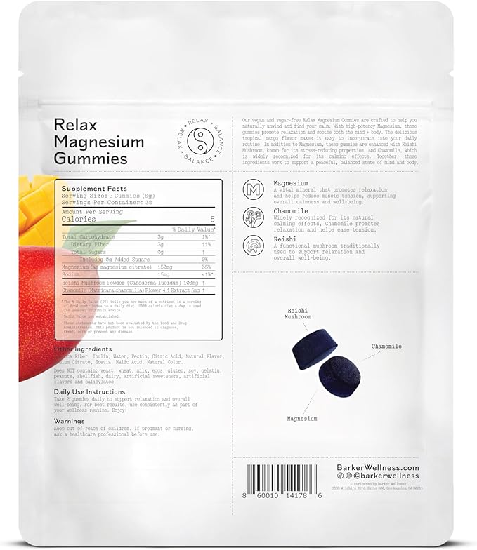 Barker Wellness Relax Magnesium Gummies | Stress Relief, Muscle Tension & Relaxation | Reishi Mushroom & Chamomile | Vegan, Sugar-Free | Tropical Mango | 60 Gummies