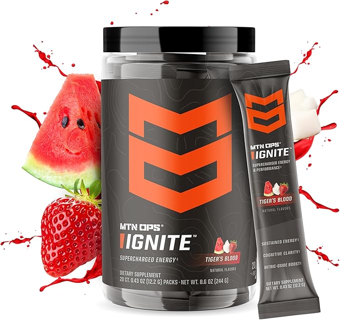MTN OPS Ignite Trail Packs Energy Drink Powder, Gluten Free Nootropic Supplement Drink Mix, L Arginine, L Citrulline, Caffeine & Nootropic Sugar Free Drink Mix, 20 Servings, Tiger's Blood