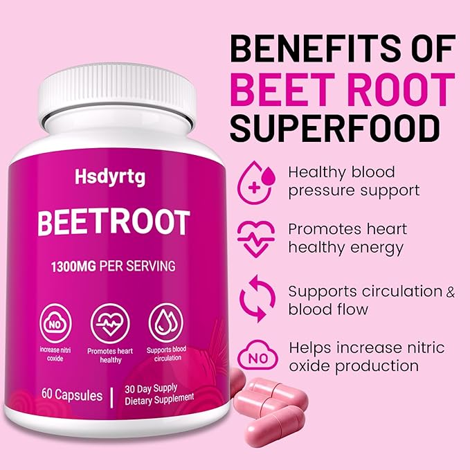 Premium Beet Root Capsules - 60 Vegan Capsules, Natural Beetroot Supplement Powder for Natural Energy & Endurance Support, Non-GMO, Gluten Free Dietary Support, 30-Day Supply