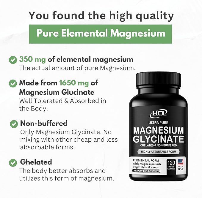 Pure Magnesium Glycinate Capsules - Non-Buffered 350mg Elemental Magnesium Supplement - Chelated High Absorption & Purity Magnesium Complex - Made in USA