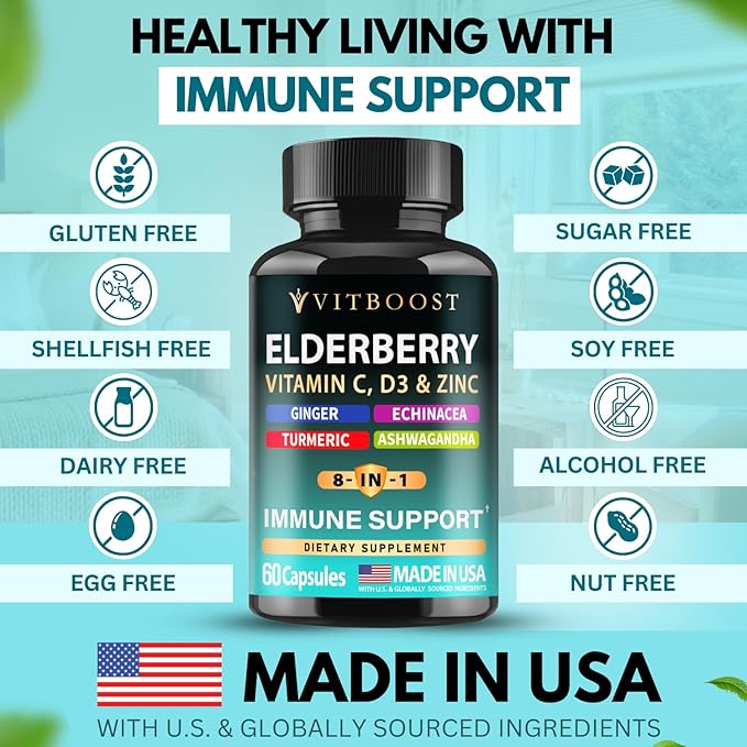 Elderberry Immune Support Supplement 8-in-1 Formula with Echinacea, Vitamin C & Zinc, Vitamin D 5000 IU, Turmeric, Ginger, Ashwagandha – 60 Capsules (Pack of 2)