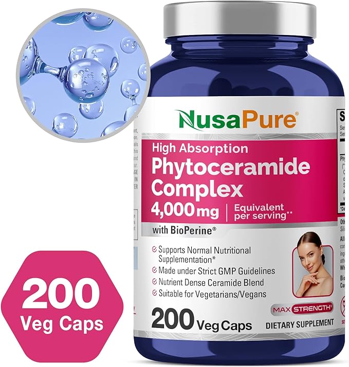 NusaPure Phytoceramide Complex 10:1 Extract, 1030 mg Equivalent to 4000 mg 200 Veggie Capsules (Non-GMO) Bioperine