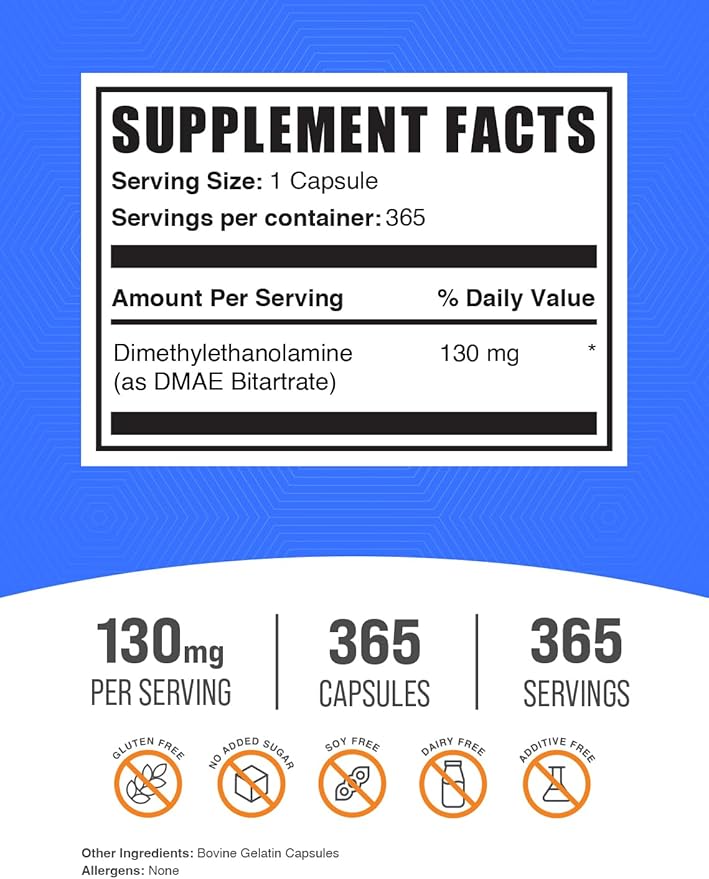 BulkSupplements.com DMAE Bitartrate Capsules - Dimethylaminoethanol Bitartrate, DMAE Supplement - Gluten Free, 1 DMAE Capsule per Serving, 365 Capsules (Pack of 1)