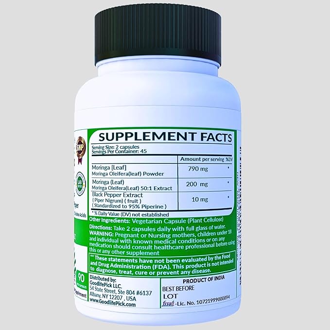 Premium Moringa Capsules with Black Pepper. Moringa Oleifera Powder & 50:1 Moringa Extract for Maximum Benefits 90ct All Natural NonGMO No Rice Powder No Stearate No Silicon Vegan