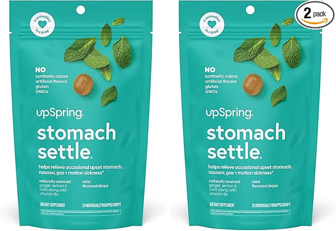 UpSpring Stomach Settle Drops for Occasional Nausea Relief/Upset Stomach with Ginger, Lemon, Spearmint, and B6. Mint Flavor Drops, 28 Ct(Packaging May Vary) (Pack of 2)