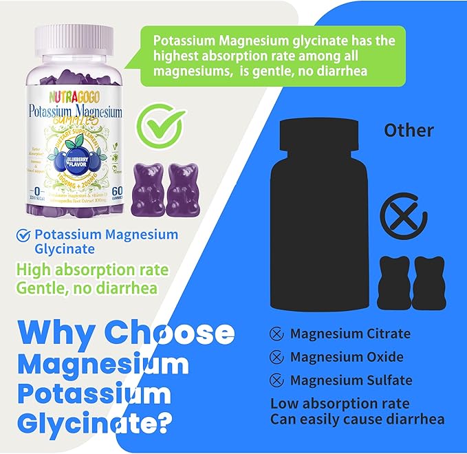 Potassium Magnesium Gummies,Potassium Supplement w/Ashwagandha,High Absorption Magnesium Glycinate,B6,D3,Potassium Citrate for Leg Cramps,Muscle,Electroyte for Adults Kids,Sugar-Free, 60 Gummies