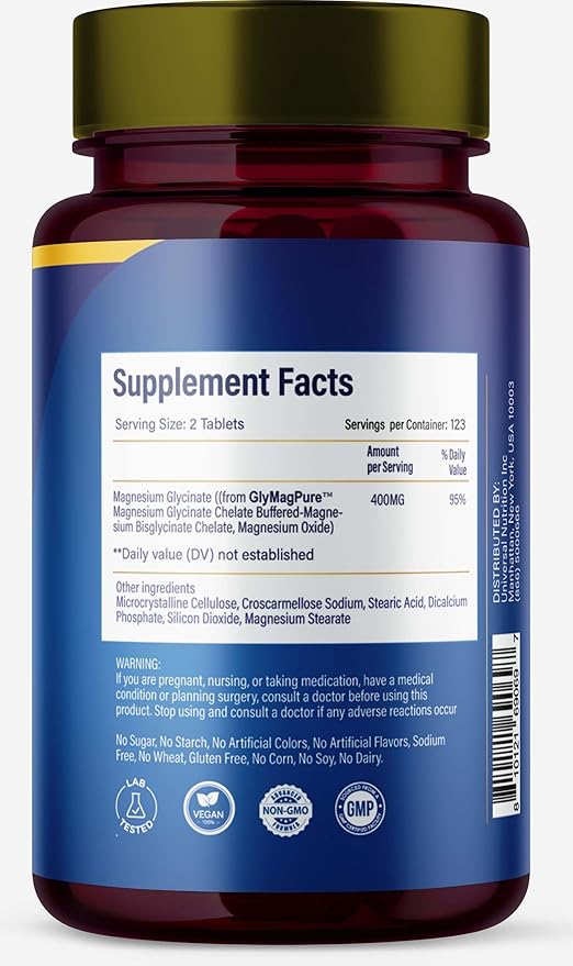 AJS Magnesium Glycinate 400mg, Magnesium Glycinate Capsules 246 Tablets, Gluten-Free, Non-GMO Supplements, Dietary Magnesium Supplement with Organic Coating, Supports Your Well-Being, 4 Months