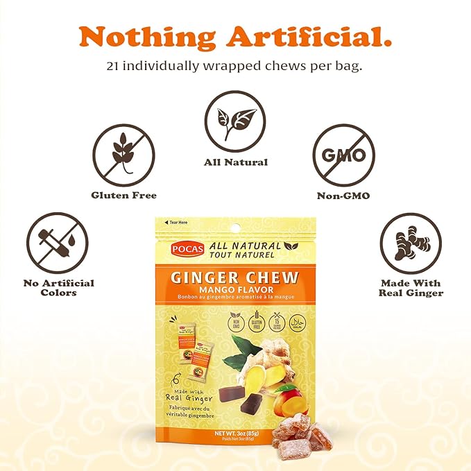 Pocas Mango Ginger Chews - Sweet and Zesty Ginger Chew, Individually Wrapped Low-Calorie Snacks, Ginger Candy Made with Pure Cane Sugar, 3 Oz Ea (Pack of 4)